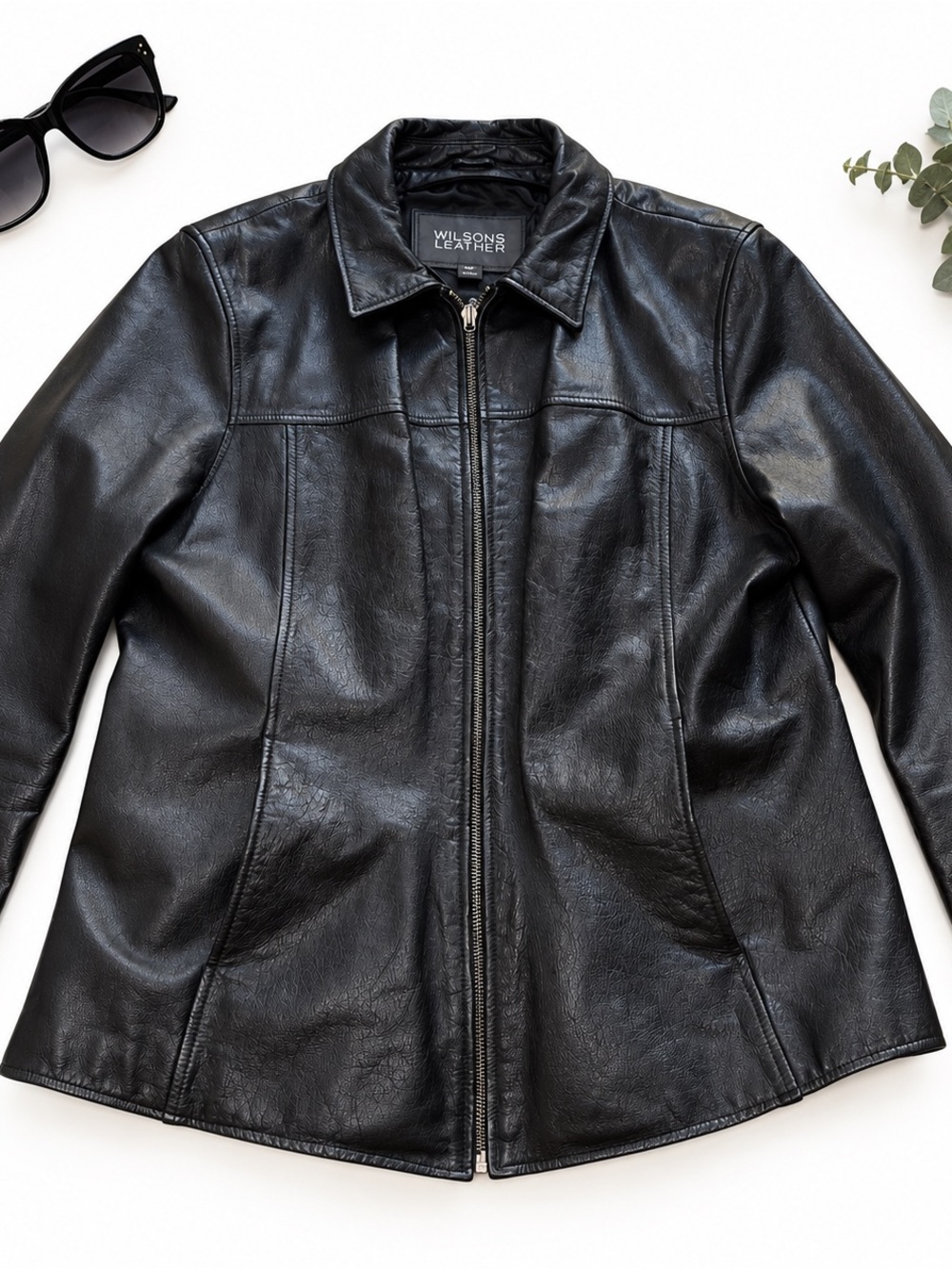Wilsons Leather Black Genuine Leather Jacket Womens XL Zip Front Collared Fitted